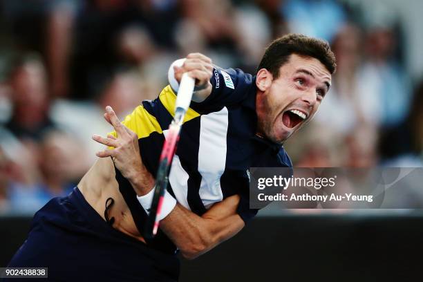 Roberto Bautista Agut of Spain serves in his first round match against Michael Venus of New Zealand during day one of the ASB Men's Classic at ASB...