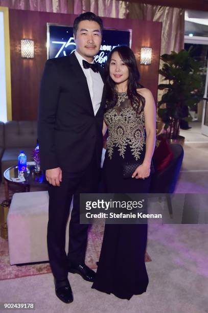 Clarence Chia and Alyssa Chia attend FIJI Water at HFPAs Official Viewing and After-Party at the Wilshire Garden inside The Beverly Hilton on...