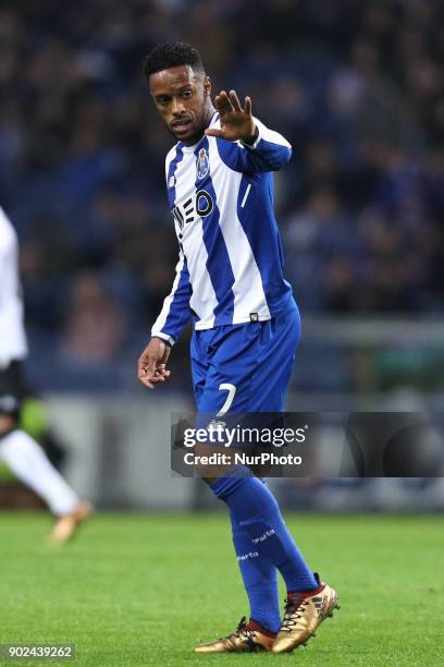 Porto's Portuguese forward Hernani reacts during the Premier League 2017/18 match between FC Porto and Vitoria SC, at Dragao Stadium in Porto on...