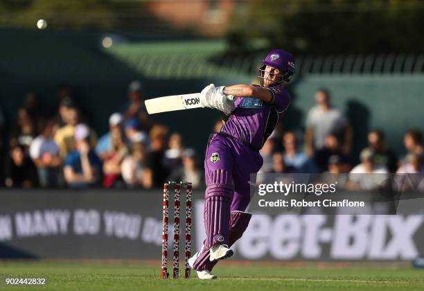 Darcy Short of the Hurricanes bats during the Big Bash League match between the Hobart Hurricanes and the Sydney Sixers at Blundstone Arena on...