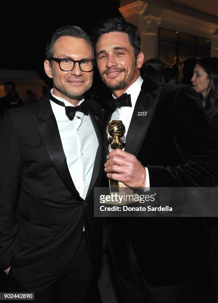 Actors Christian Slater and James Franco attend the 2018 InStyle and Warner Bros. 75th Annual Golden Globe Awards Post-Party at The Beverly Hilton...