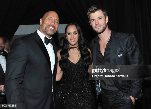 Actor Dwayne 'The Rock' Johnson, Golden Globe Ambassador Simone Garcia Johnson and actor Chris Hemsworth attend the 2018 InStyle and Warner Bros....