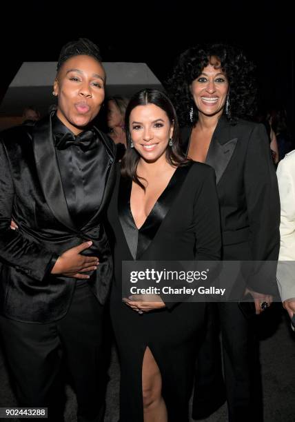 Actors Lena Waithe, Eva Longoria, and Tracee Ellis Ross attend the 2018 InStyle and Warner Bros. 75th Annual Golden Globe Awards Post-Party at The...