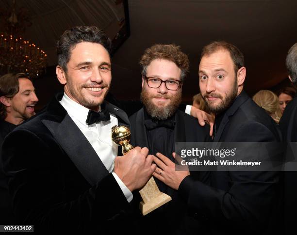 Actors James Franco, Seth Rogen, and screenwriter Evan Goldberg attend the 2018 InStyle and Warner Bros. 75th Annual Golden Globe Awards Post-Party...