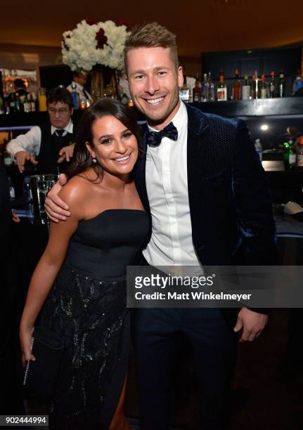 Actors Lea Michele and Glen Powell attend the 2018 InStyle and Warner Bros. 75th Annual Golden Globe Awards Post-Party at The Beverly Hilton Hotel on...