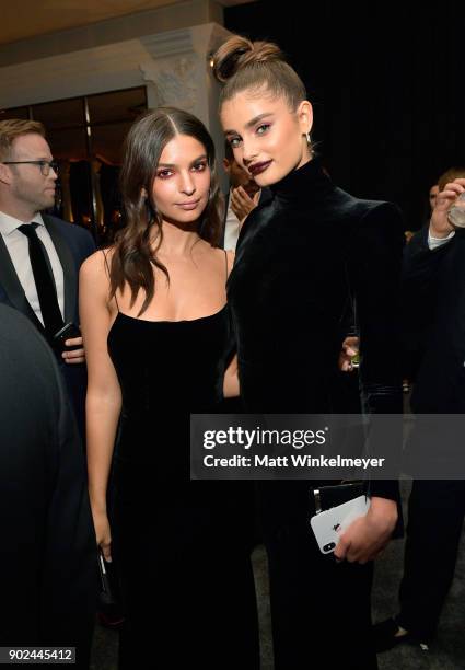 Models Emily Ratajkowski and Taylor Hill attend the 2018 InStyle and Warner Bros. 75th Annual Golden Globe Awards Post-Party at The Beverly Hilton...