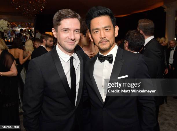 Actors Topher Grace and John Cho attend the 2018 InStyle and Warner Bros. 75th Annual Golden Globe Awards Post-Party at The Beverly Hilton Hotel on...