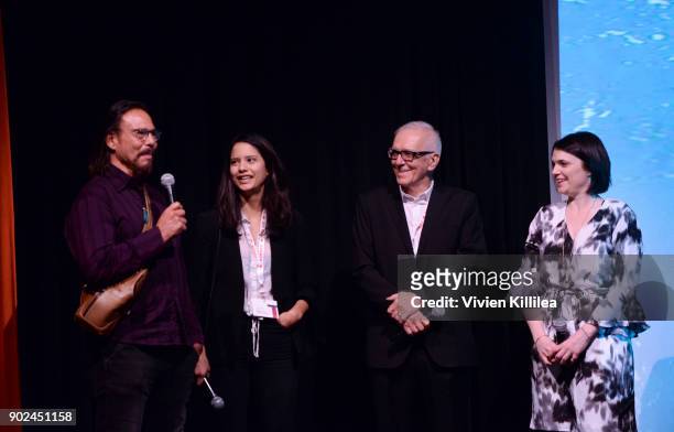 Raoul Trujillo, Tanaya Beatty, Roger Frappier and programmer at the Palm Springs International Film Festival Laura Henneman attend the 29th Annual...