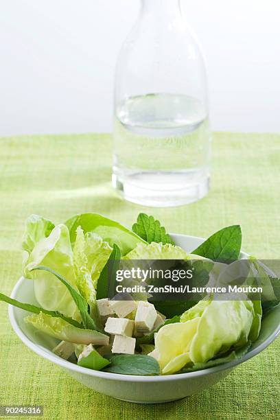 salad of mixed greens and tofu cubes, carafe of water in background - grönsallad bildbanksfoton och bilder