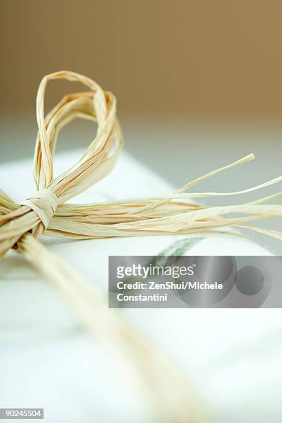 wrapped gift with raffia bow, extreme close-up - raffia stock pictures, royalty-free photos & images