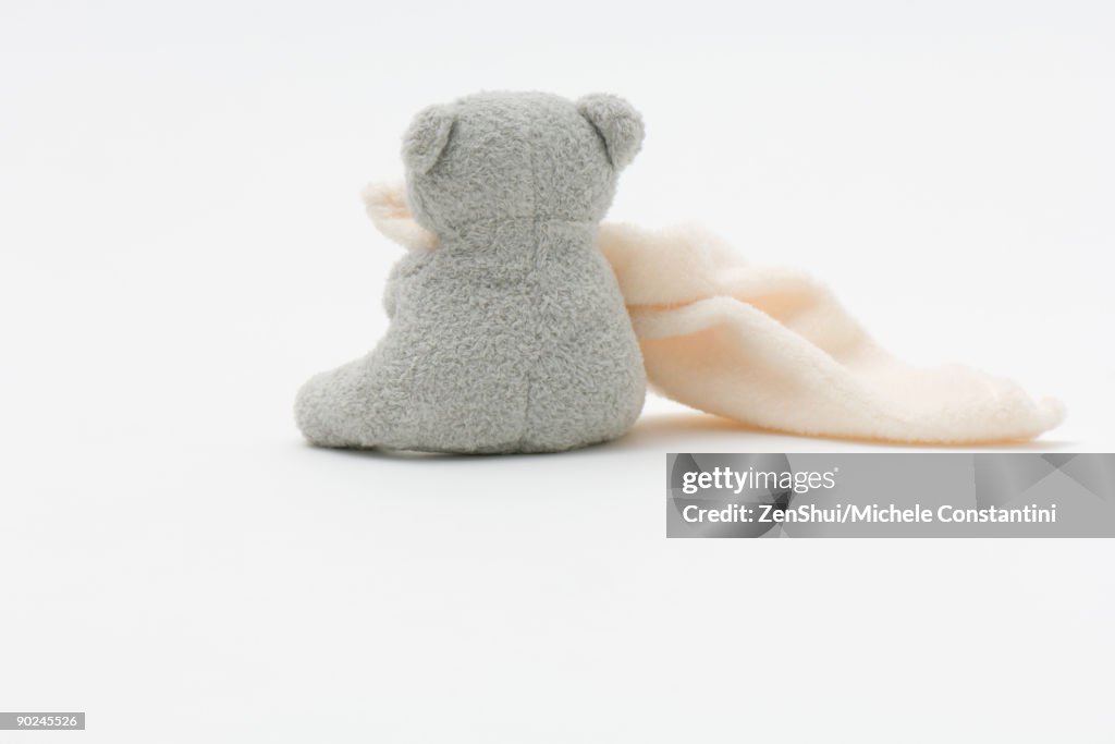 Teddy bear holding blanket, rear view