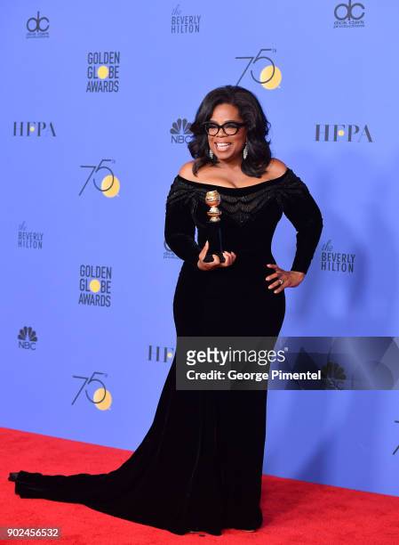 Oprah Winfrey poses with the Cecil B. DeMille Award in the press room during The 75th Annual Golden Globe Awards at The Beverly Hilton Hotel on...