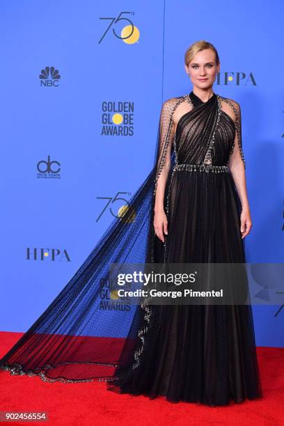 Actor Diane Kruger poses in the press room during The 75th Annual Golden Globe Awards at The Beverly Hilton Hotel on January 7, 2018 in Beverly...