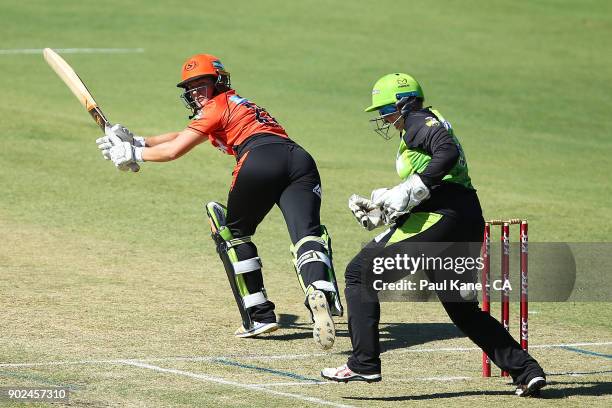 Katherine Brunt of the Scorchers bats during the Women's Big Bash League match between the Perth Scorchers and the Sydney Thunder at WACA on January...