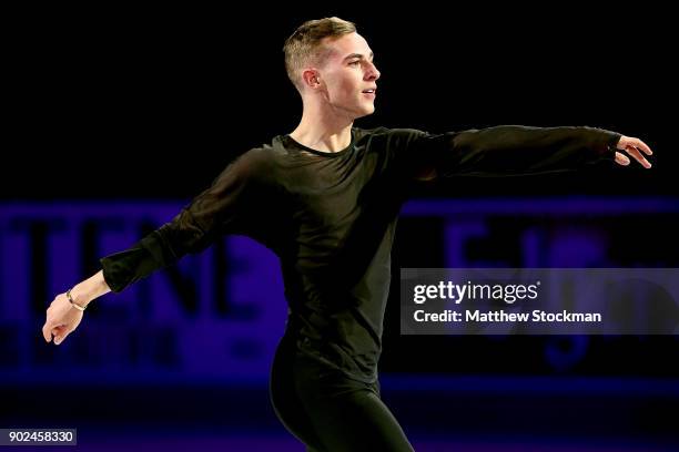 Adam Rippon skates in the Smucker's Skating Spectacular during the 2018 Prudential U.S. Figure Skating Championships at the SAP Center on January 7,...