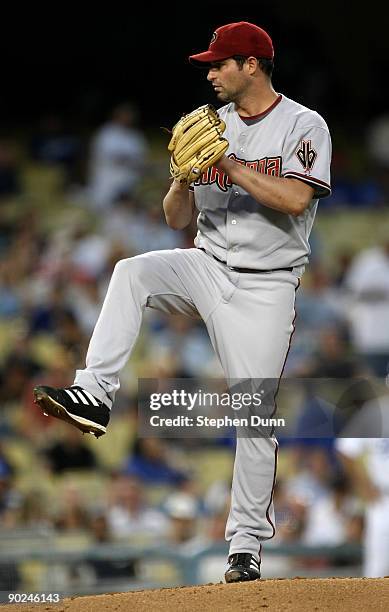 Pitcher Doug Davis of the Arizona Diamondbacks throws a pitch against the Los Angeles Dodgers on August 31, 2009 at Dodger Stadium in Los Angeles,...