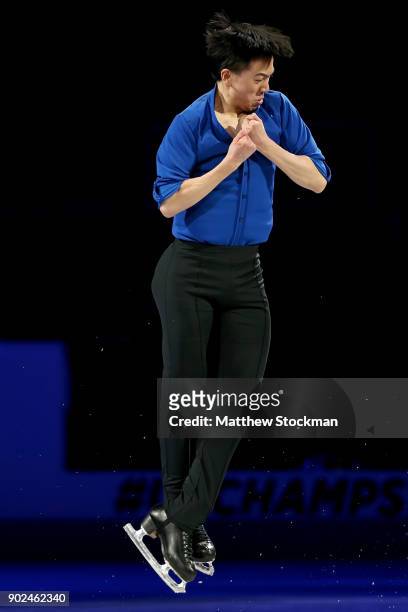 Vincent Zhou skates in the Smucker's Skating Spectacular during the 2018 Prudential U.S. Figure Skating Championships at the SAP Center on January 7,...