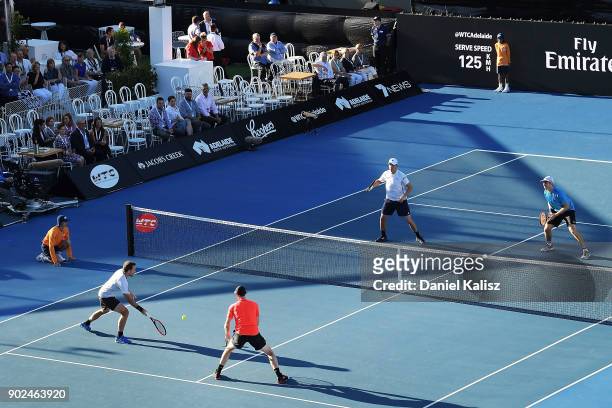 General view of play during the match between Jamie Murray of Great Britain, Bruno Soares of Brazil and John Peers of Australia, Henri Kontinen of...
