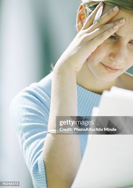 female student studying, close-up, partial view - knitting brow stock pictures, royalty-free photos & images