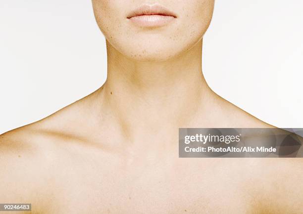 woman's lower face, neck and bare upper chest - beautiful bare women photos et images de collection