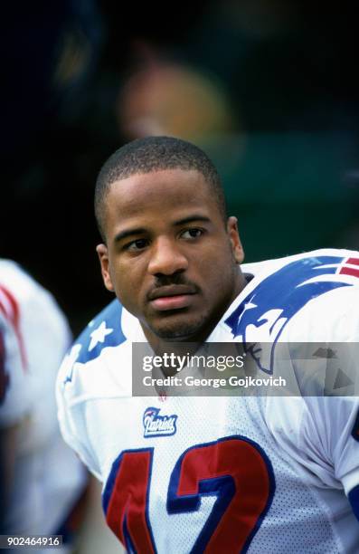 Defensive back Chris Carter of the New England Patriots looks on from the sideline during a playoff game against the Pittsburgh Steelers at Three...