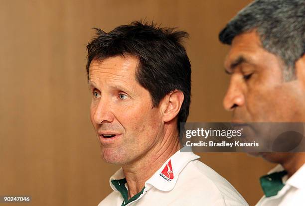 Wallabies Coach Robbie Deans addresses the media alongside assistant coach Jim Williams during an Australian Wallabies press conference at the...