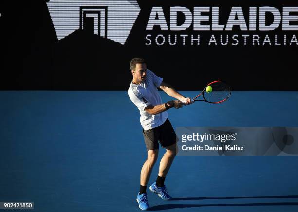 Bruno Soares of Brazil competes in his match against John Peers of Australia and Henri Kontinen of Finland during day one of the World Tennis...