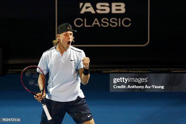 Denis Shapovalov of Canada celebrates winning a game in his first round match against Rogerio Dutra Silva of Brazil during day one of the ASB Men's...
