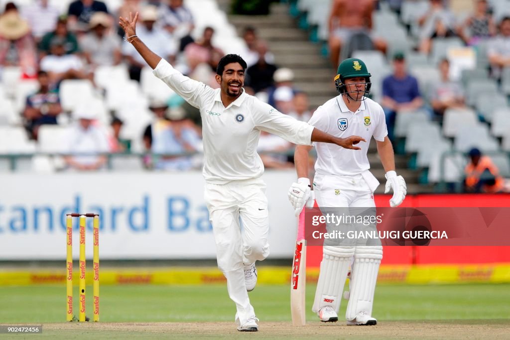 India's bowler Jasprit Bumrah celebrates the dismissal of South... News ...