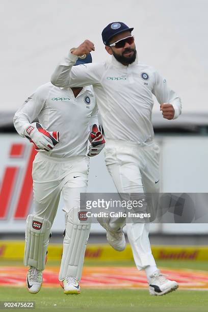 Virat Kohli of India reacts after the catch to dismiss Hashim Amla of South Africa during day 4 of the 1st Sunfoil Test match between South Africa...
