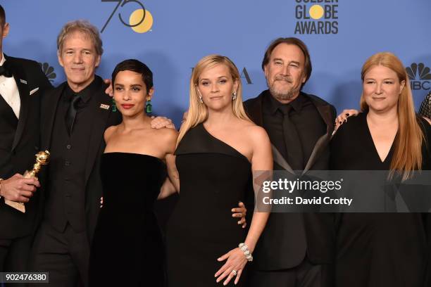 David E. Kelley, Zoe Kravitz Reese Witherspoon, Gregg Fienberg and Bruna Papandrea attend the 75th Annual Golden Globe Awards - Press Room at The...