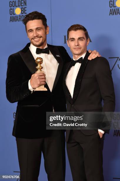 James Franco and Dave Franco attend the 75th Annual Golden Globe Awards - Press Room at The Beverly Hilton Hotel on January 7, 2018 in Beverly Hills,...