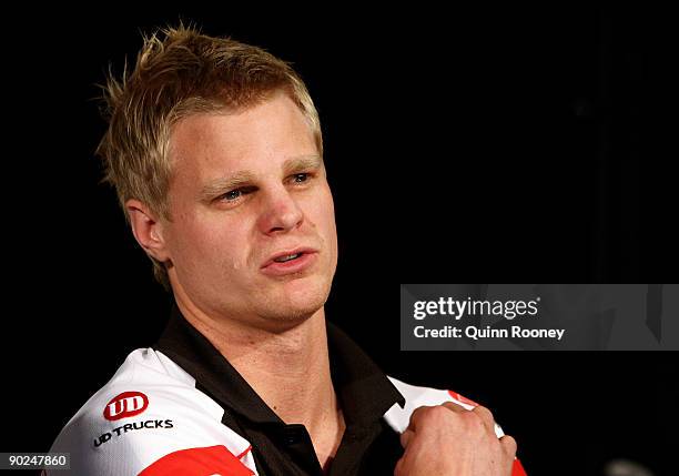 St Kilda Saints captain Nick Riewoldt addresses during an AFL Final Series media Conference at Fox Sports Studio on September 1, 2009 in Melbourne,...