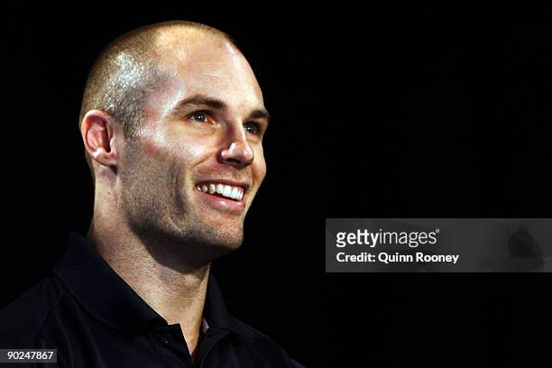 Geelong Cats captain Tom Harley addresses the audience during an AFL Final Series media Conference at Fox Sports Studio on September 1, 2009 in...