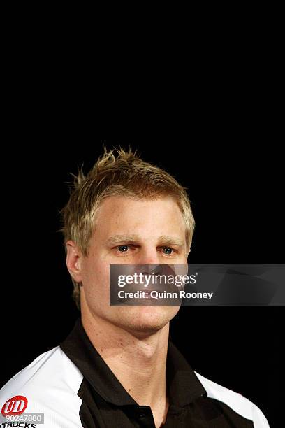 St Kilda Saints captain Nick Riewoldt addresses the audience during an AFL Final Series media Conference at Fox Sports Studio on September 1, 2009 in...