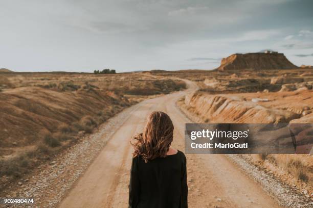 achteraanzicht van de vrouw op woestijn road - brunette woman back stockfoto's en -beelden