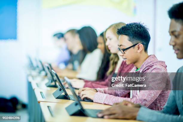 modern high school - asian-students-classroom-computer stock pictures, royalty-free photos & images