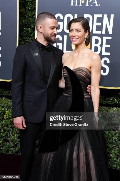 Singer/actor Justin Timberlake and actor Jessica Biel attend The 75th Annual Golden Globe Awards at The Beverly Hilton Hotel on January 7, 2018 in...