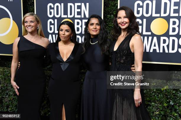 Reese Witherspoon, Eva Longoria, Salma Hayek and Ashley Judd attend The 75th Annual Golden Globe Awards at The Beverly Hilton Hotel on January 7,...