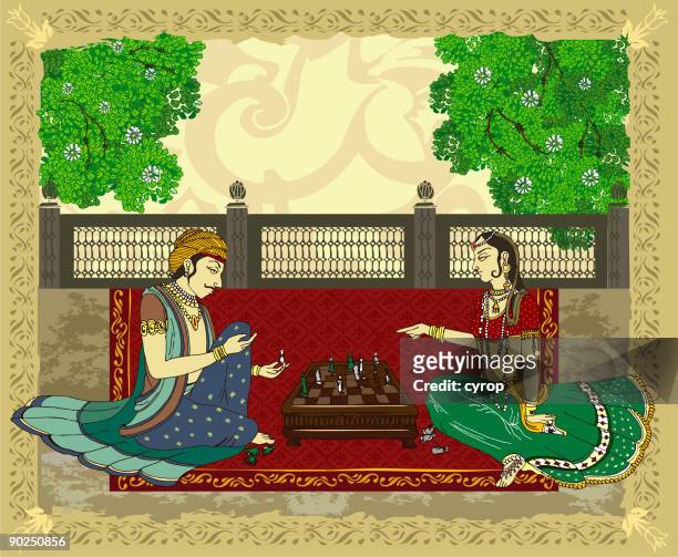 hindu princess and prince playing chess - royal person stock illustrations