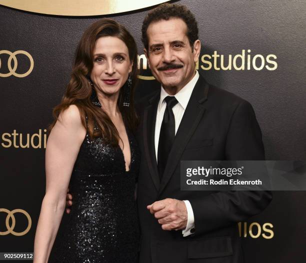 Actor Marin Hinkle and Tony Shaloub arrive at the Amazon Studios Golden Globes Celebration at The Beverly Hilton Hotel on January 7, 2018 in Beverly...