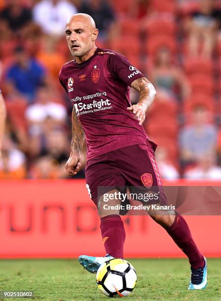 Massimo Maccarone of the Roar passes the ball during the round 15 A-League match between the Brisbane Roar and Sydney FC at Suncorp Stadium on...