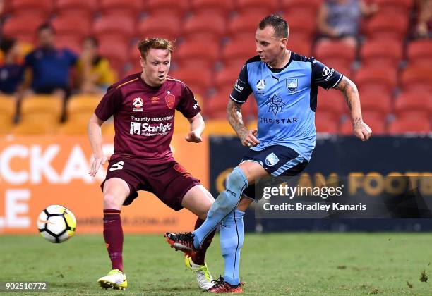 Luke Wilshire of Sydney passes the ball during the round 15 A-League match between the Brisbane Roar and Sydney FC at Suncorp Stadium on January 8,...