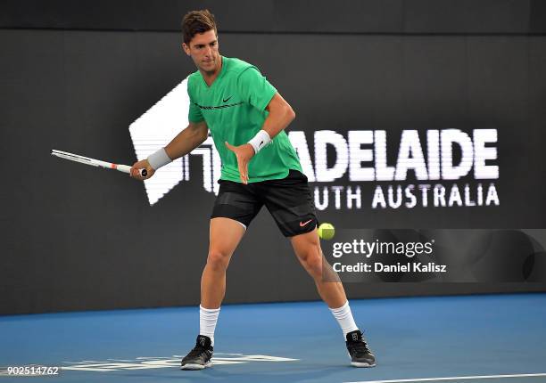 Thanasi Kokkinakis of Australia competes in his match against Gael Monfils of France during day one of the World Tennis Challenge at Memorial Drive...