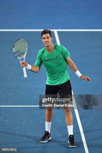 Thanasi Kokkinakis of Australia reacts to the crowd in his match against Gael Monfils of France during day one of the World Tennis Challenge at...