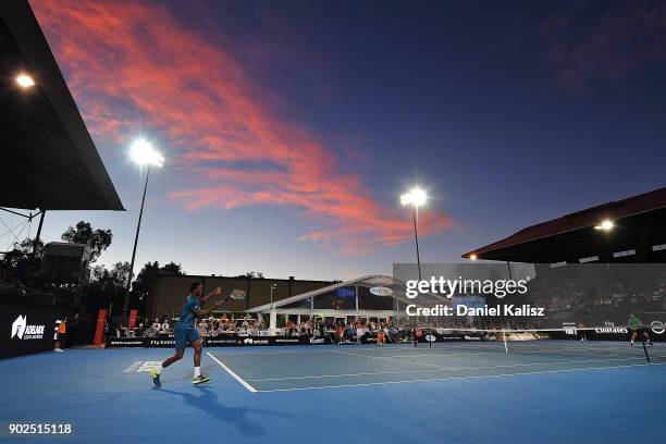 Gael Monfils of France competes in his match against Thanasi Kokkinakis of Australia during day one of the World Tennis Challenge at Memorial Drive...