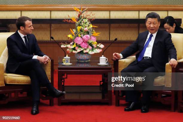 French President Emmanuel Macron meets with Chinese President Xi Jinping at the Diaoyutai State Guesthouse, during his three day state visit on...