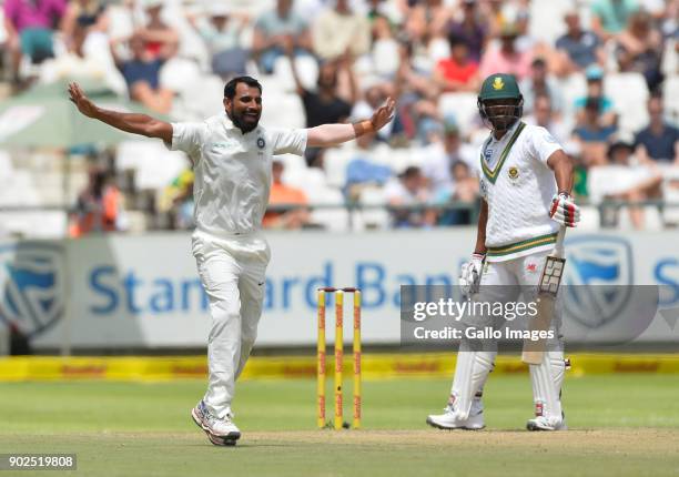 Mohammed Shami of India celebrate the wicket of Vernon Philander of South Africa during day 4 of the 1st Sunfoil Test match between South Africa and...