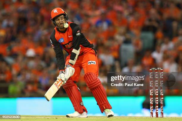 The Ball rises up into the grill of Tom Cooper of the Renegades during the Big Bash League match between the Perth Scorchers and the Melbourne...