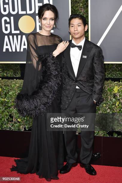 EAngelina Jolie and Pax Jolie-Pitt attend the 75th Annual Golden Globe Awards - Arrivals at The Beverly Hilton Hotel on January 7, 2018 in Beverly...
